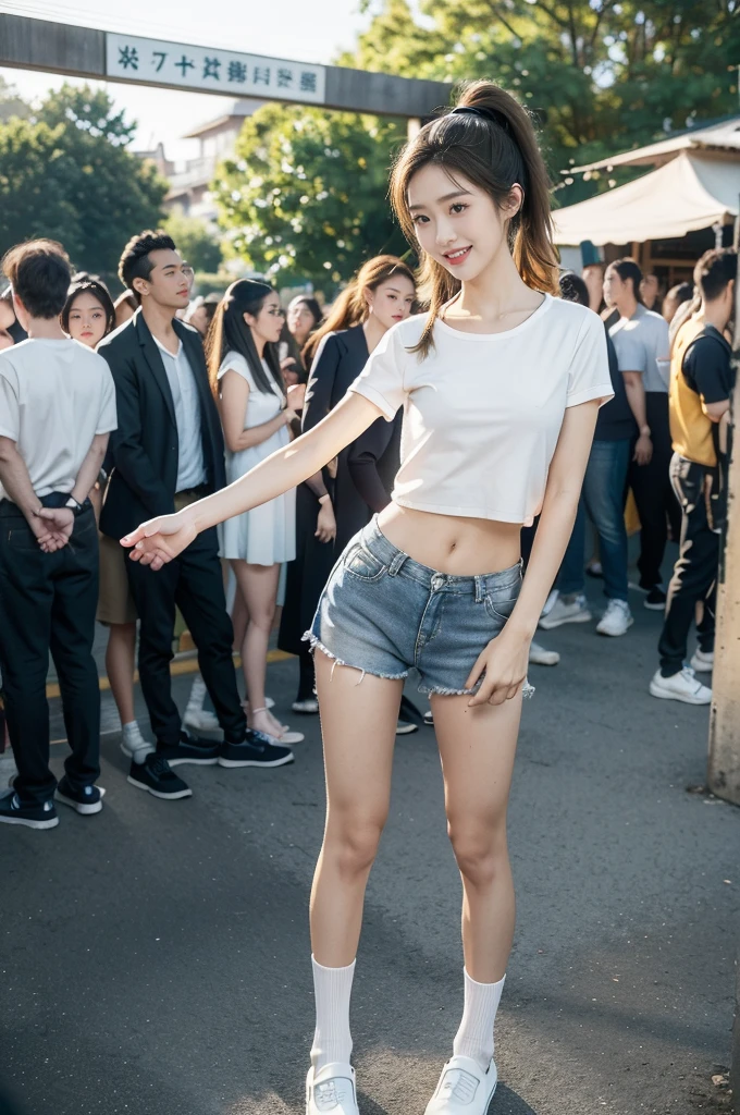 (((best quality))),(((ultra detailed))),(((masterpiece))),illustration,((1 beautiful girl,solo)),((slim,thin)),((small breasts,flat chest)), outside school gate, summer twilight, sunlight,(short ponytail:1.3),((white short-sleeved shirt)),((clavicalis,navel)),((navy blue sports shorts,slender legs,white socks,slippers)),animated face, excited eyes, sounds of laughter, chatter, excitement of summer vacation, air filled with energy, school gate golden glow, symbol of end of academic year, schoolyard transformed, reunion, farewells, embracing setting sun, face illuminated, moment captured, fleeting instant, essence of summer, carefree spirit, youthful exuberance, embodiment of season, sun dips, rosy glow, joy of living,promise of adventures,((standing,from front,full body)),(surrounded by crowded crowds:1.3)