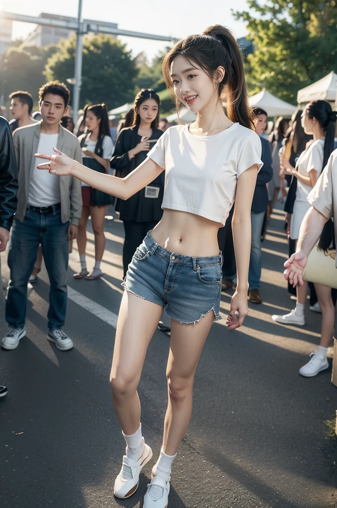 (((best quality))),(((ultra detailed))),(((masterpiece))),illustration,((1 beautiful girl,solo)),((slim,thin)),((small breasts,flat chest)), outside school gate, summer twilight, sunlight,(short ponytail:1.3),((white short-sleeved shirt)),((clavicalis,navel)),((navy blue sports shorts,slender legs,white socks,slippers)),animated face, excited eyes, sounds of laughter, chatter, excitement of summer vacation, air filled with energy, school gate golden glow, symbol of end of academic year, schoolyard transformed, reunion, farewells, embracing setting sun, face illuminated, moment captured, fleeting instant, essence of summer, carefree spirit, youthful exuberance, embodiment of season, sun dips, rosy glow, joy of living,promise of adventures,((standing,from front,full body)),(surrounded by crowded crowds:1.3)