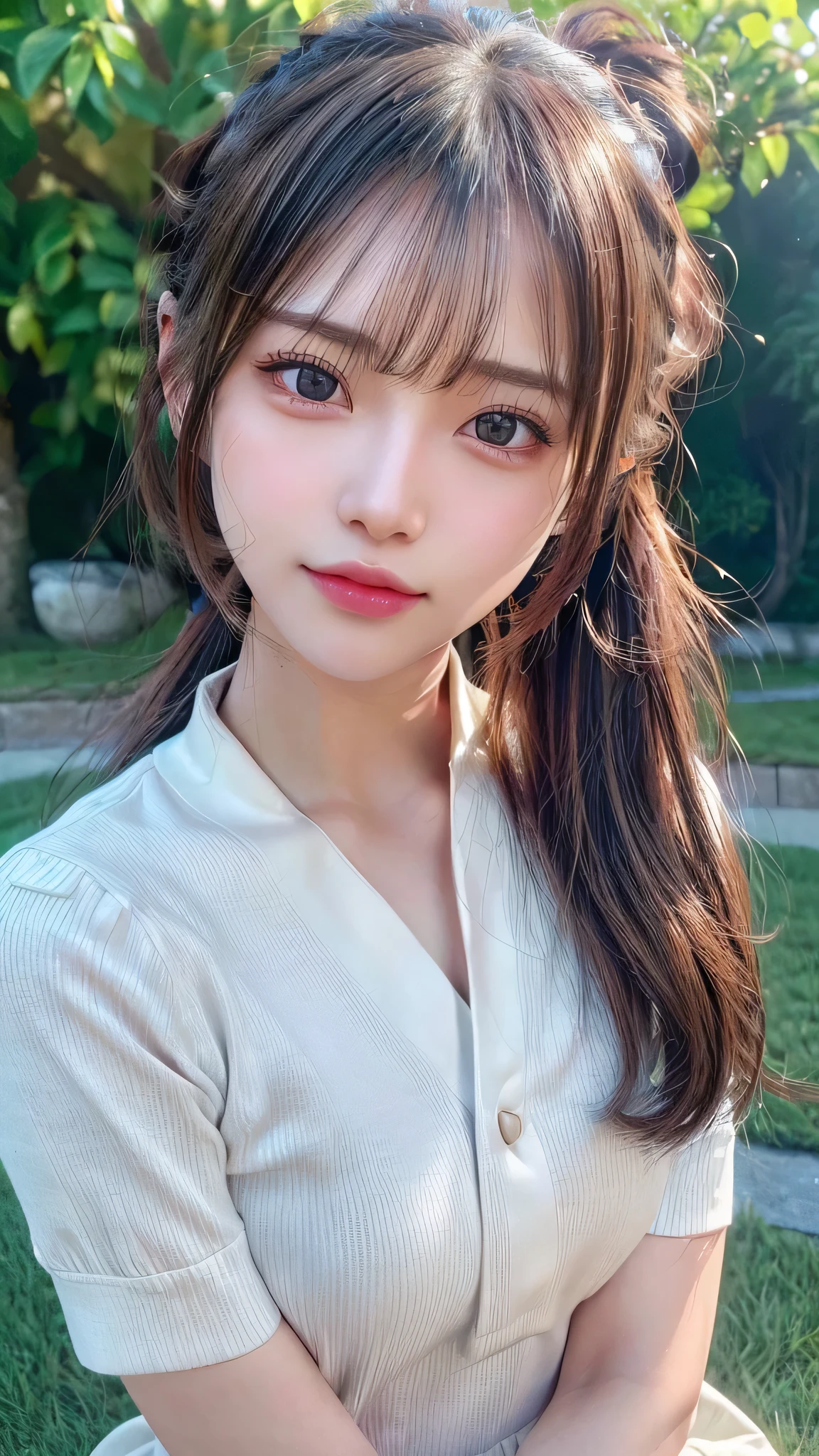 One piece with collar,outdoors,Urban Park,On the lawn,Ultra-detailed, finely detail, hight resolution, 8K Wallpaper, Perfect dynamic composition, Beautiful detailed eyes,Outdoor,Close-up of face,Outdoor,Blushing,Facing forward,,Long hair ponytail,((8k, Raw photo, Best Quality, Mastepiece:1.2), (Realism, Photorealistic:1.4), (Highly detailed 8K wallpapers), Depth of written boundary, Cinematic Lighting, Soft Light, Detailed Beauty Eye,Shiny and smooth light brown ponytail, Asymmetrical bangs, Shiny skin, Ultra-detailed skins ,It is high resolution., High detail, Detailed hairstyle, Detailed facial beauty, Hyper-realistic, Perfect limbs, Perfect Anatomy ,1 Japanese girl,Famous Japanese Idols, Perfect female body,A shy smile,Short eyelashes,Double-edged eyelids,Look straight here,Hair style: ponytail,