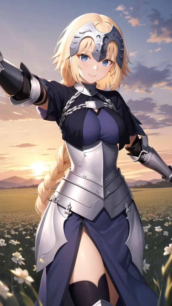 masterpiece, best quality, highres, aajd, long hair, single braid, long braid, headpiece, blue capelet, blue shirt, armor, armored dress, blue dress, gauntlets, black thighhighs, smile, reaching out, sunset, field,