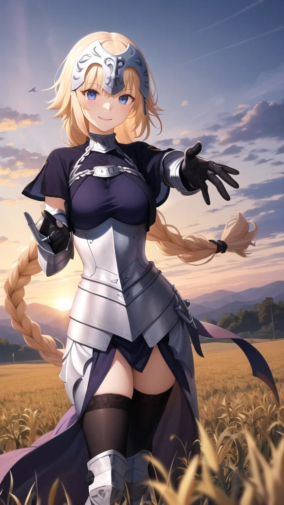 masterpiece, best quality, highres, aajd, long hair, single braid, long braid, headpiece, blue capelet, blue shirt, armor, armored dress, blue dress, gauntlets, black thighhighs, smile, reaching out, sunset, field,