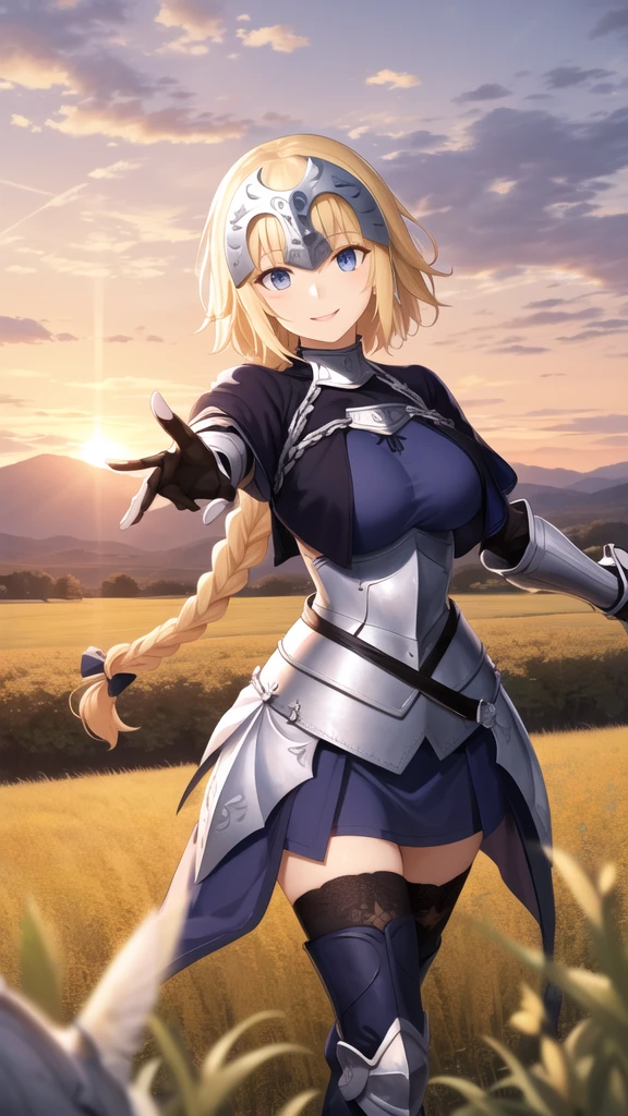 masterpiece, best quality, highres, aajd, long hair, single braid, long braid, headpiece, blue capelet, blue shirt, armor, armored dress, blue dress, gauntlets, black thighhighs, smile, reaching out, sunset, field,