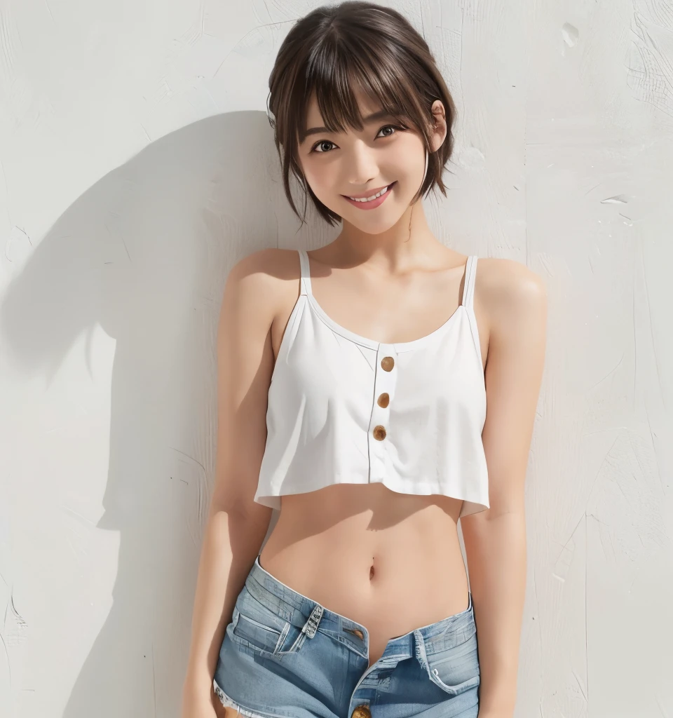 Highest quality、Ultra-high resolution、masterpiece、、Clear photos、(Very cute Japanese girl)、smile、(whole body)、(The cutest Erina Mano)、thin、Very short hair、(Low-rise denim shorts:1.6、Unbutton、Pull-down denim shorts:1.2)、(White panties are visible)、 (Wearing a white tank top)、Vivid depiction