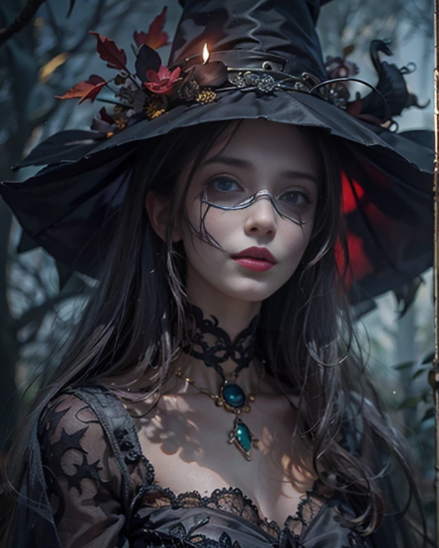 Highest quality, masterpiece, Attention to detail, Intricate details, Realistic, Mysterious Halloween woman with bright expression, Spooky atmosphere