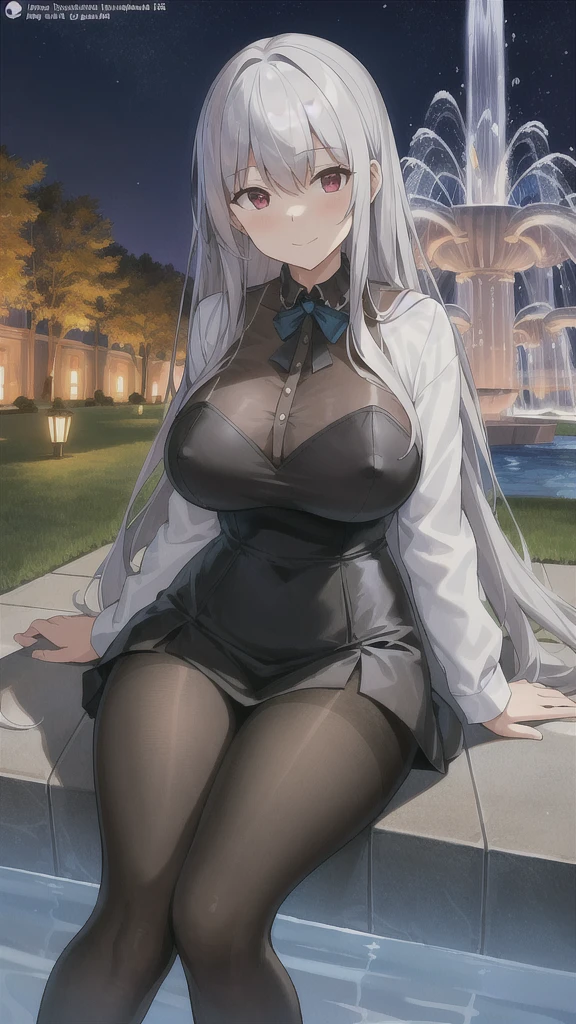 (((masterpiece))), best quality, 1girl, ((pantyhose)), silver hair, red eyes, park in the night with fountains background, looking at viewer, smile, busty, highly detailed face,highly detailed eyes, sitting, hi resolution,4k,8k, mature, , blushing, excited, upskirt, milf, miniskirt, corset, erect nipples, presenting