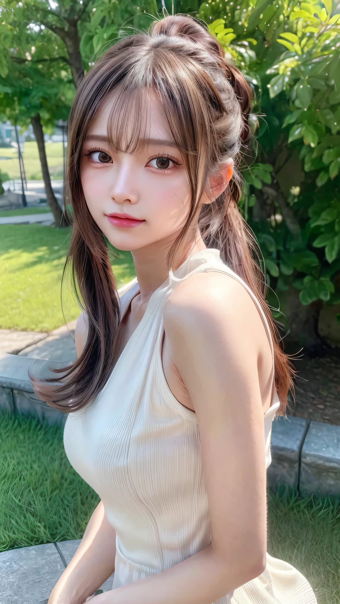 One piece with collar,outdoors,Urban Park,On the lawn,Ultra-detailed, finely detail, hight resolution, 8K Wallpaper, Perfect dynamic composition, Beautiful detailed eyes,Outdoor,Close-up of face,Outdoor,Blushing,Facing forward,,Long hair ponytail,((8k, Raw photo, Best Quality, Mastepiece:1.2), (Realism, Photorealistic:1.4), (Highly detailed 8K wallpapers), Depth of written boundary, Cinematic Lighting, Soft Light, Detailed Beauty Eye,Shiny and smooth light brown ponytail, Asymmetrical bangs, Shiny skin, Ultra-detailed skins ,It is high resolution., High detail, Detailed hairstyle, Detailed facial beauty, Hyper-realistic, Perfect limbs, Perfect Anatomy ,1 Japanese girl,Famous Japanese Idols, Perfect female body,A shy smile,Short eyelashes,Double-edged eyelids,Look straight here,Hair style: ponytail,