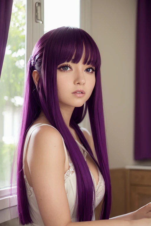 (masterpiece, Highest quality:1.4), (close:1.5), One girl, alone, (European youth:1), One girl, Keep away from freezing, Long purple hair, Purple eyes, Wear White, Indoor Background, Kitchen Background, Sunlight pours in through the window, Vividness, Poses for daily activities, High resolution, ultrahd, 4K, masterpiece, Bright atmosphere, Seduce, Seduce, Seduce face,