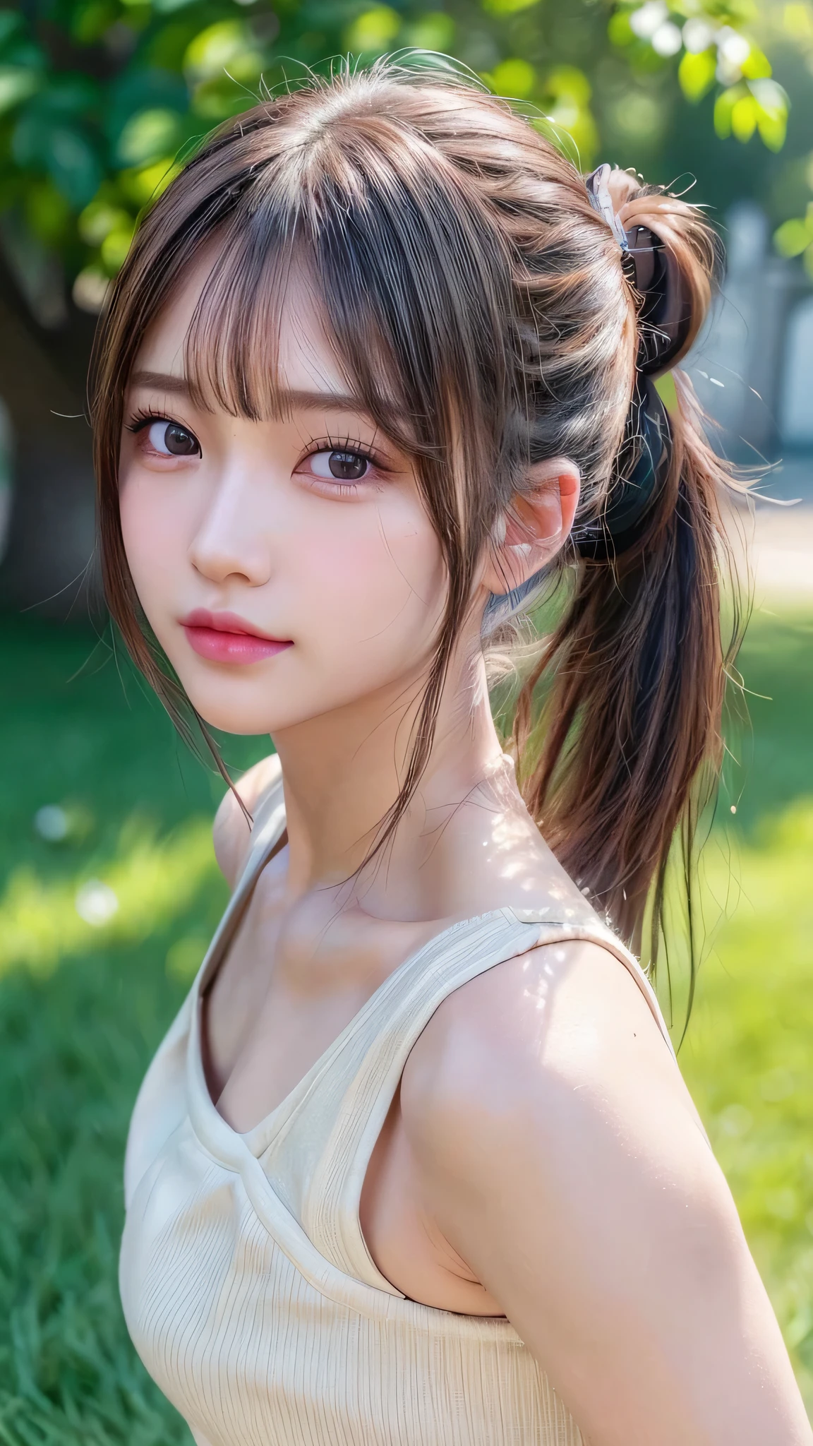 One piece with collar,outdoors,Urban Park,On the lawn,Ultra-detailed, finely detail, hight resolution, 8K Wallpaper, Perfect dynamic composition, Beautiful detailed eyes,Outdoor,Close-up of face,Outdoor,Blushing,Facing forward,,Long hair ponytail,((8k, Raw photo, Best Quality, Mastepiece:1.2), (Realism, Photorealistic:1.4), (Highly detailed 8K wallpapers), Depth of written boundary, Cinematic Lighting, Soft Light, Detailed Beauty Eye,Shiny and smooth light brown ponytail, Asymmetrical bangs, Shiny skin, Ultra-detailed skins ,It is high resolution., High detail, Detailed hairstyle, Detailed facial beauty, Hyper-realistic, Perfect limbs, Perfect Anatomy ,1 Japanese girl,Famous Japanese Idols, Perfect female body,A shy smile,Short eyelashes,Double-edged eyelids,Look straight here,Hair style: ponytail,