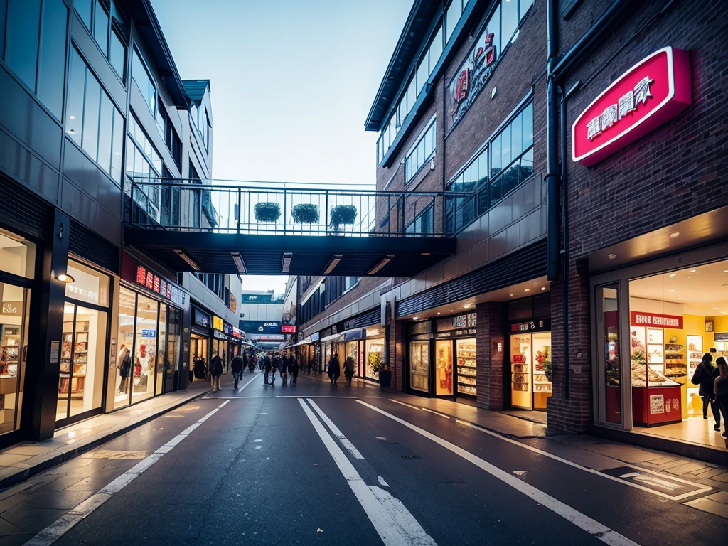 (((Masterpiece))), (high quality),Unmanned shopping mall。Daytime。Turn off all the lights。All the stores are independent and all have one floor.。There is a parking lot in front of the shopping mall。There is no car in the parking lot。Low - Angle。From a human perspective。