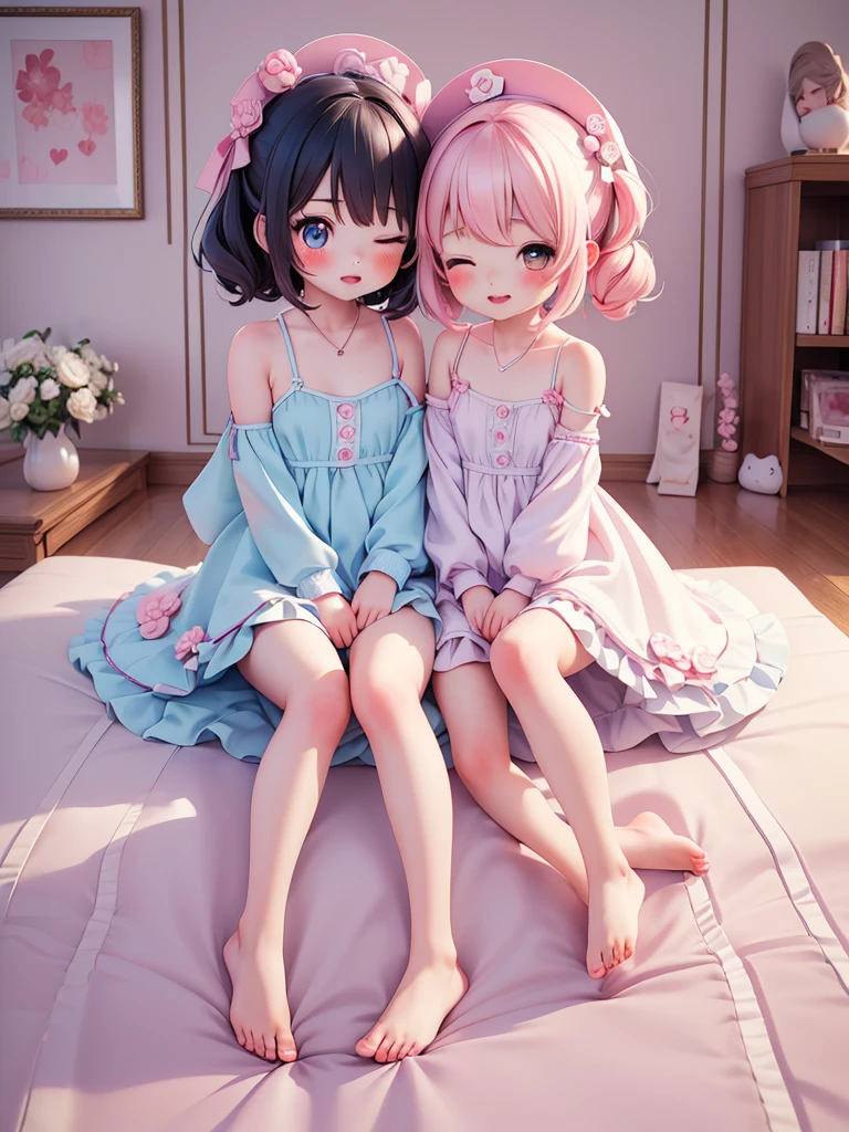 ((2girls)), ((petite kawaii, jk bishojo)), ((kawaii face)), ((kawaii cute eyes)), ((masterpiece)), (best quality), ((ultra detailed)), (8k), (depth), (exquisite), (crisp), ((highres)), ((high standard)), ((beautiful and aesthetic)), (super detailed skin), (perfect anatomy), (lipstick), (blush), ((strap slip)), (bare foot), (one room), ((one eye closed, cheek to kiss)), (perfect hands)