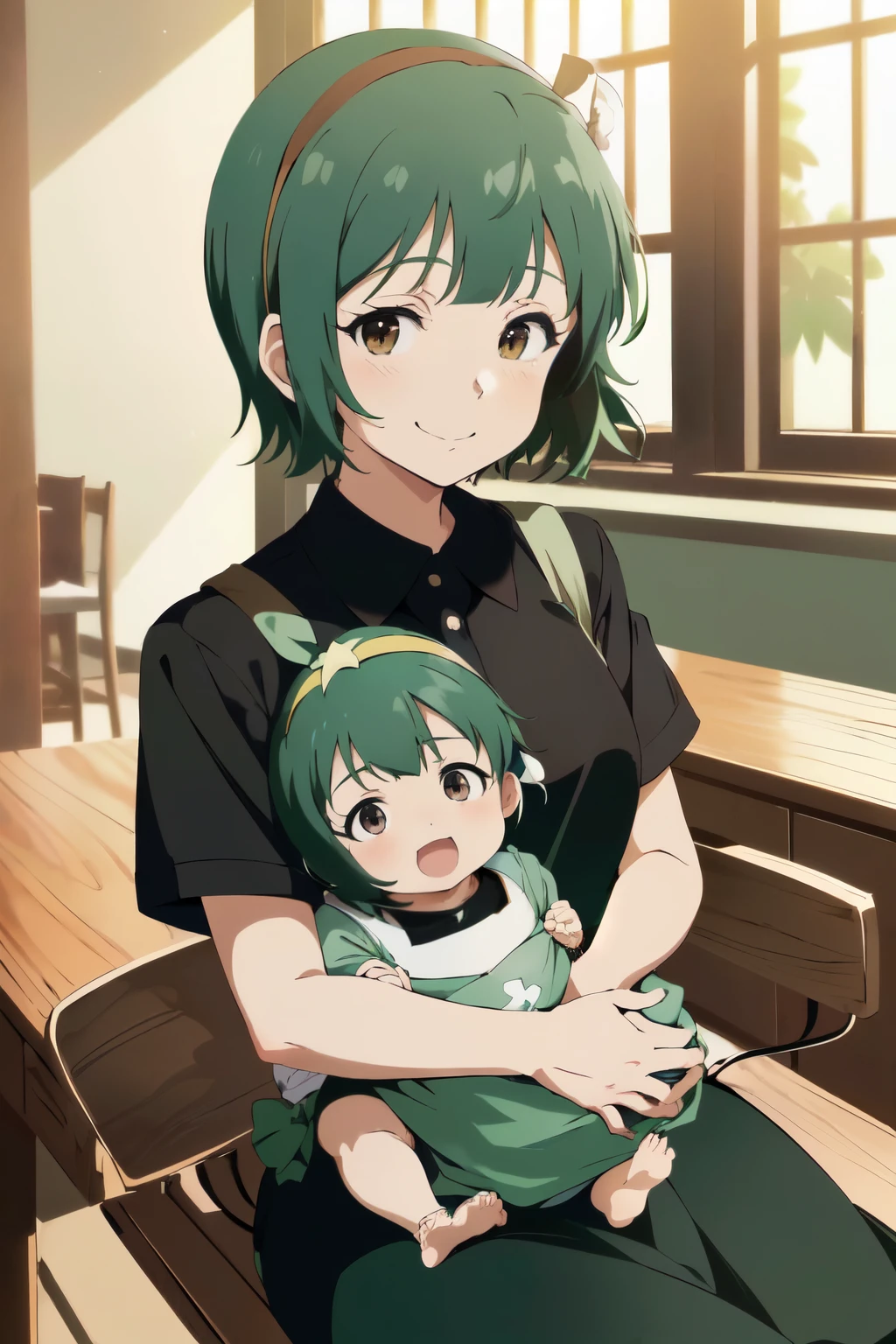 anime coloring,masterpiece, best quality, absurdres, perfect antomy, 1woman,1baby,(holding baby:1.5),(Otonashi Kotori, short hair, hairband, shirt black shirt, long leeves, smile, indoors, リビング,sitting:1.4)