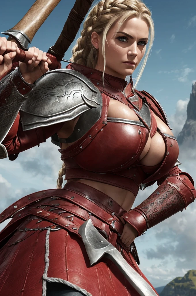 1 woman, ((8K)), mature woman, solo focus, ((8K, Highest quality:1.2))、((masterpiece)), High resolution, (Skin Texture:1.1), Highest quality, 超High resolution, (Realistic: 1.4), RAW Photos,((Perfect Face))、35 years old, beautiful Swedish woman, brutish, toned body, blonde braided hair, (viking costume), ((background coast)),toned abs, bluish eyes,((holding battle axe)), masterpiece, ((ultra HD)), insane details, realistic, detailed face, face paint, detailed skin texture, blurred background, battle field, dynamic angle, Berserk, wearing a vest, (((big breasts))), wearing leather armor, looking at the camera, The background is the sea, line of sight, short skirt, perfect face, delicate eyes, wearing are brown, voluminous lips, big eyes, long skirt,(((red leather armor))), (trained abdominal muscles)