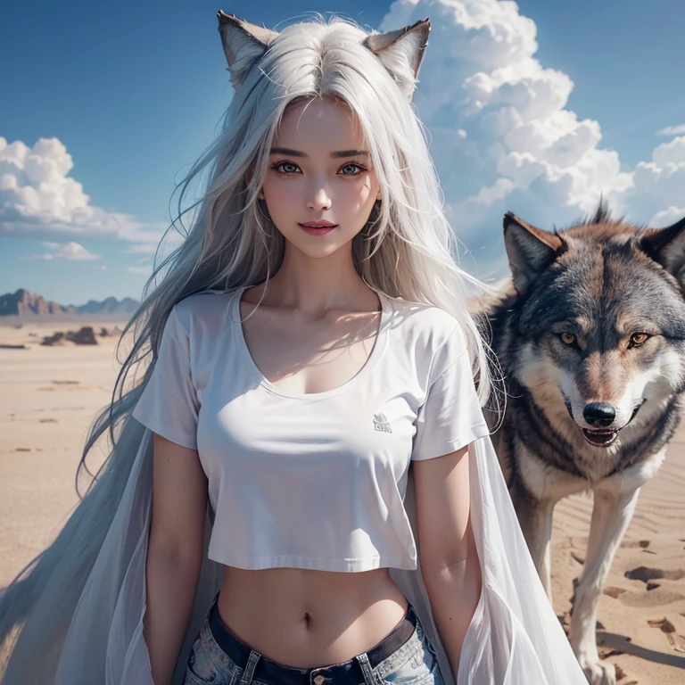 desert, Windy weather, White Wolf、 ((Highest quality、masterpiece、8K、Best image quality、Ultra-high resolution、Award-winning works)、(Accurate anatomy:1.1)、(Look at me and smile:1.1)、Shining fair skin with Ultra-high resolution、The most detailed face、Ultra-high resolution detailed face、Short, flowing white hair 、Beautiful face drawn in every detail,T-shirt and shorts, Modest chest , A real wolf next to a girl 