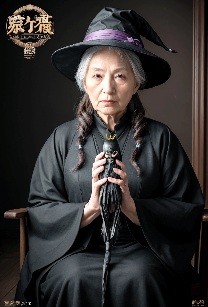 （A very old witch was sitting in Cadilau&#39;s chair.，She was holding a black bird：1.5，He has a skull hat on his head：1.2），（Dark castle background，Unclean，Terrorist），（Wide angle，Ultra-high resolution detail, Hyper HD, Super detailed, Attention to detail, Highest quality, High resolution, Awards, 8K），（Light）
