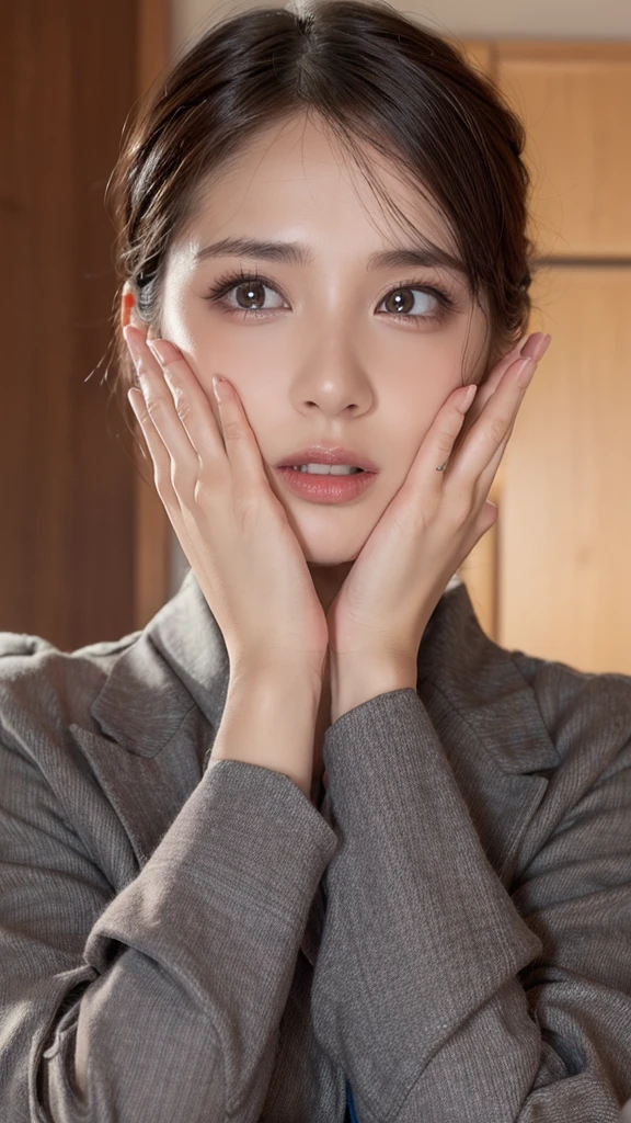 ((shoot from front)), ((looking down:1.2)), masterpiece, Best Quality, Illustration, Ultra-detailed, finely detail, high resolution, 8K Wallpaper, Perfect dynamic composition, Beautiful detailed eyes, Natural Lip, Big breasts, cleavage, looking down:1.2, sitting on chair, desk working, wearing business suit, (sad), (in the office), Japanese beauty girl, 20 years old,