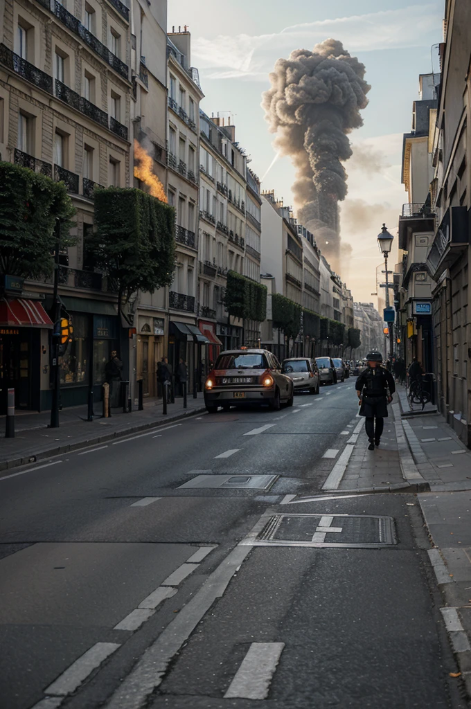 the eiffell lands of Paris in flames seen from a street with two Parisian buildings, soldiers in the street and tanks, professional photo with very high details