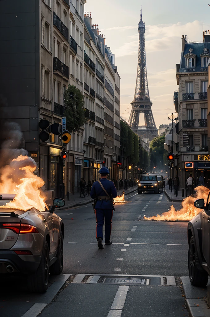 the eiffell lands of Paris in flames seen from a street with two Parisian buildings, soldiers in the street and tanks, professional photo with very high details