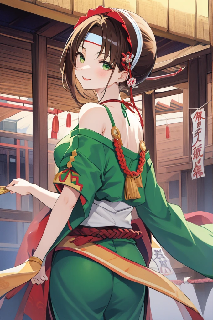 masterpiece、High resolution、Highest quality、1 girl、natsuiro matsuri、Festival Base、Back view、Brown Hair、High ponytail、Round green eyes、short hair、Headband、Bleaching、Loincloth、Blue Japanese traditional haori、smile