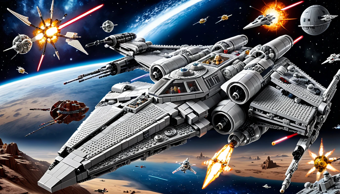 best quality, very good, 16K, ridiculous, Very detailed, Space War,Star Wars,Made of Lego, Background space((A masterpiece full of fantasy elements))), ((best quality)), ((Intricate details))(8K)