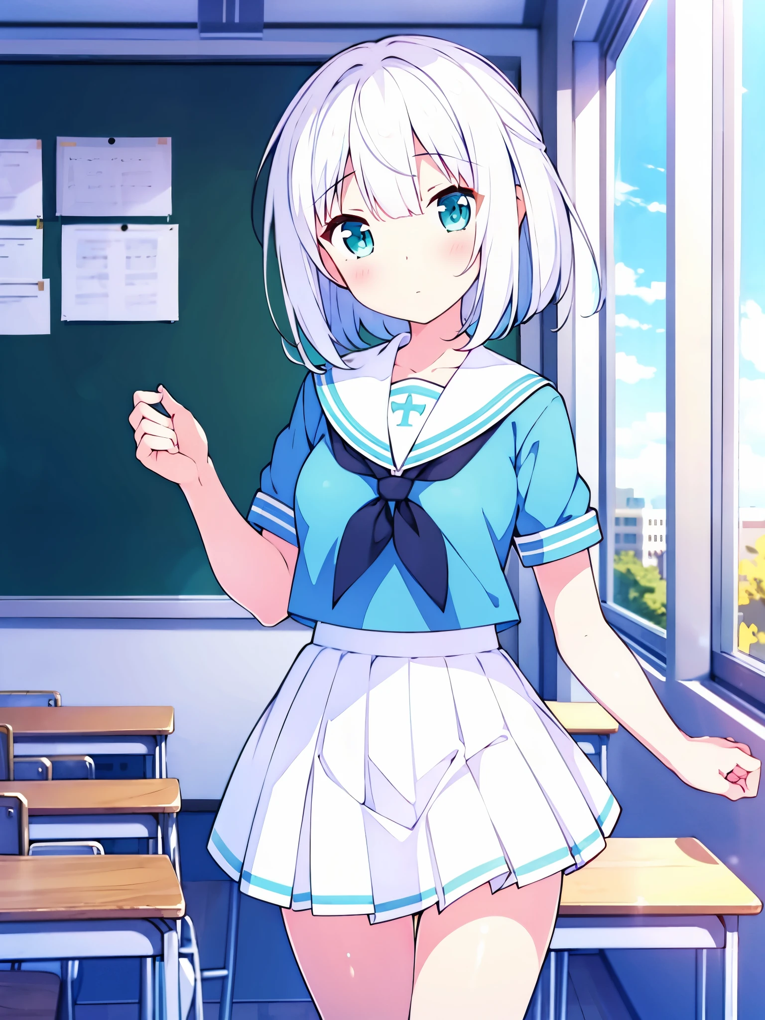 (masterpiece), classroom, 1girl, medium hair, white hair, (aqua eyes:1.2), (white sailor collar:1.2), serafuku, white skirt, pleated skirt