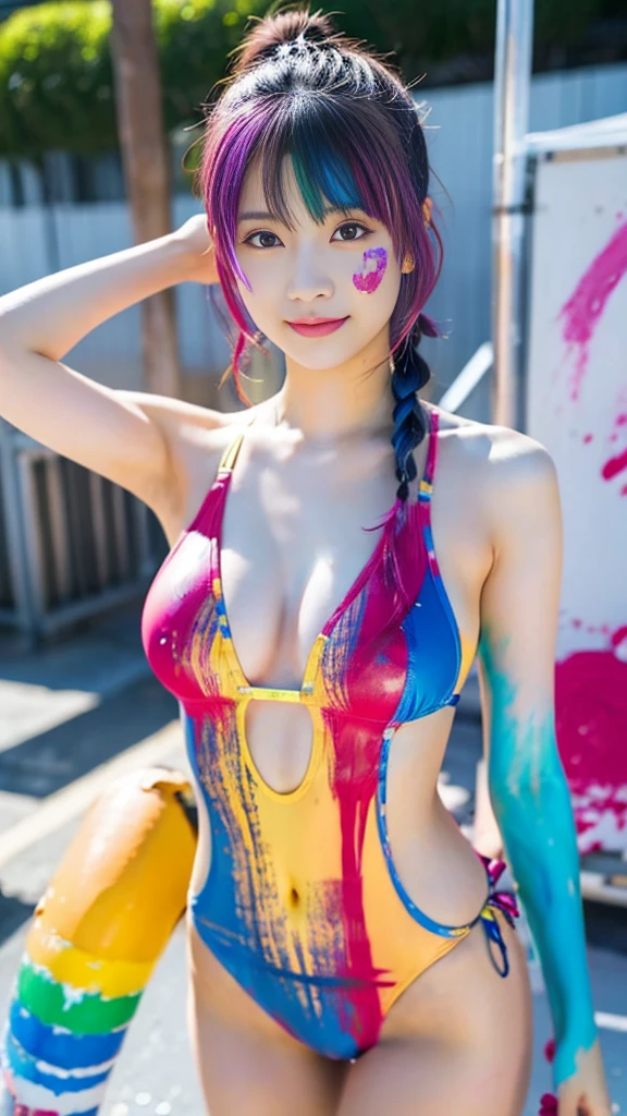 Paint-covered female idol group、Full body Esbian、swimsuit covered in paint、、Colorful hair