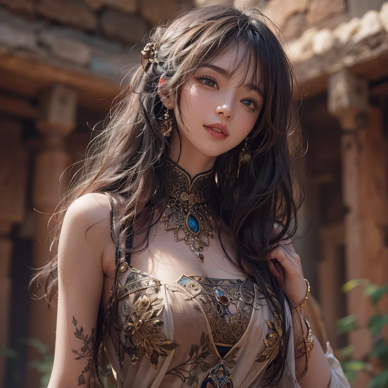 Hiding in the desert、Hair Flow、 ((Highest quality、masterpiece、8k、Best image quality、Ultra-high resolution、Award-winning works)、(Accurate anatomy:1.1)、(Look at me and smile:1.1)、Shining fair skin with Ultra-high resolution、The most detailed face、Ultra-high resolution detailed face、Ultra-high resolutionの髪の毛、(Ultra-high resolutionの煌めく瞳:1.1)、Beautiful face drawn in every detail、(Blurred Background:1.1)、Ancient Islamic clothing, Chest to chest, tattoo, Old ruins in the background、Black Authentic Dress Up Elegant Underarm