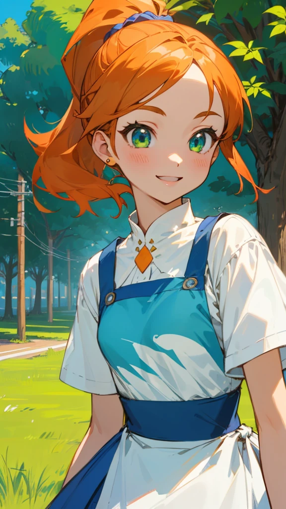 1 Girl、anime painting、Small breasts、White blouse、Blue Skirt、Apron appearance、Orange Hair、ponytail、Beautiful green eyes、smile、joy、Upper body close-up、Early summer roadside trees background、Sharp contours