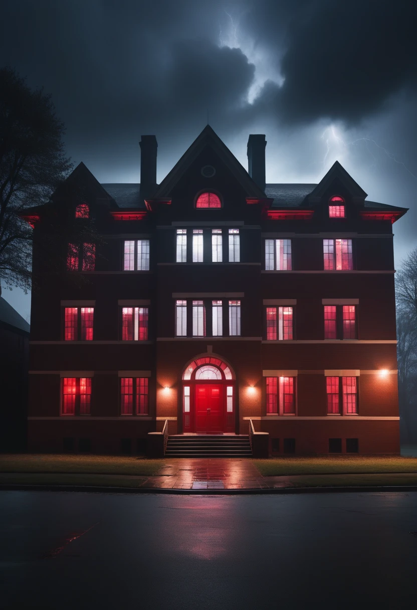 creepy suburban school, three floors, brick walls, large building, red lighting, dark, darkness, fog, three-floor building, midnight, stormy sky, broken windows, double door entrance, masterpiece quality, best quality possible, ultra HD, 4K