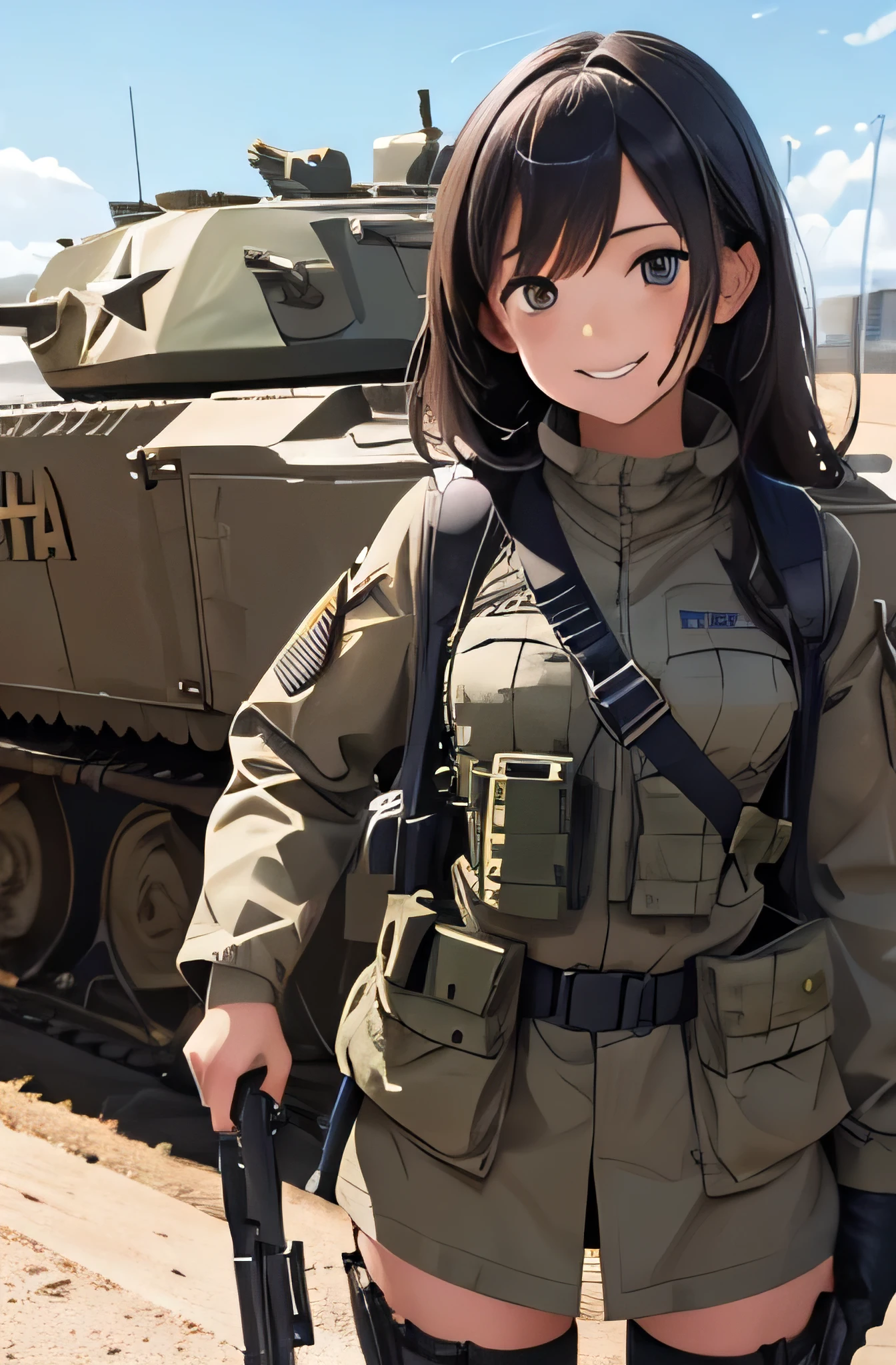 Girl in combat uniform,summer,stylish,smile,In front of the tank,Ready your gun?,8K, Highest quality, masterpiece