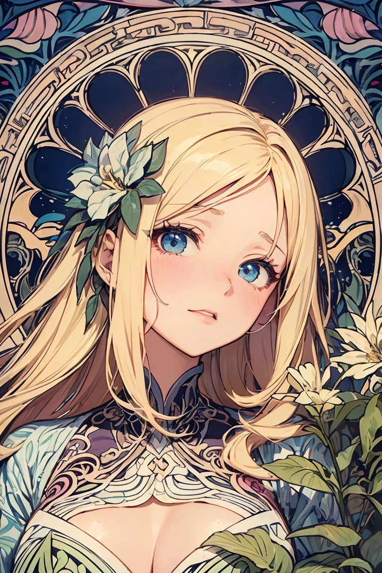 masterpiece, absurdres, best quality, ultra detailed, high Resolution, detailed illustration, bright colour, (extremely beautiful detailed face and eyes, Delicate beautiful face, 1 girl, cute face:1.3), (magenta eyes:1.1), sparkling eyes, big eyes, big breasts, (perky breasts:1.1), (pointy breasts:1.1), medium hips, glamorous body, white skin, BREAK, (blonde hair:0.8), messy hair, detailed hair, shiny hair, BREAK (undressed, angel:1.3), perfect lighting, (embarrassed:1.3), (ecstasy, vulgarity:1.5), (trembling:0.8), (art nouveau:1.5), (Zentangle:1.3),