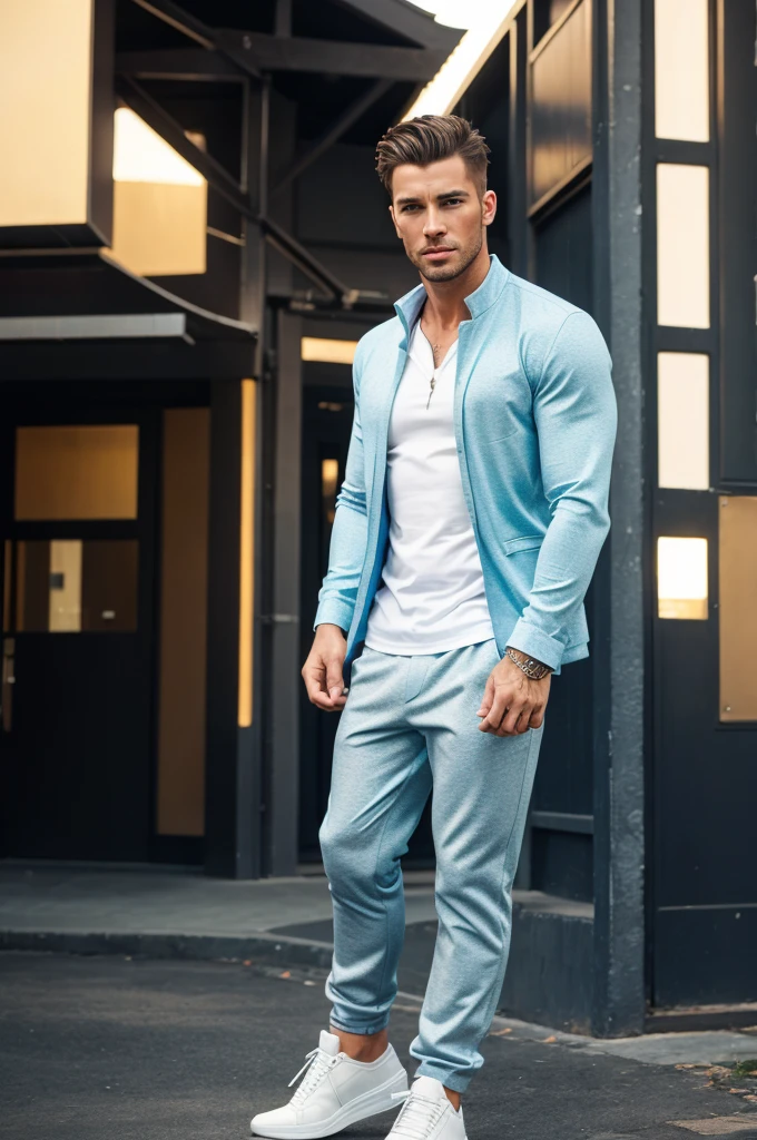 (absurdres, highres, ultra detailed, Ultra HD), ((tall handsome muscular man with a strong physique, solo, male model modern clothing, Full length portrait: 1.5, wearing a (zip-up jumpsuit) that is unzipped showcasing his muscularity, highlighting his hotness, verious flowers around him, the man is standing comfortably between the flowers, jewellery, bulge: 1.2,)), beautiful, gorgeous, wet, mature, perfect eyes, sexy gaze, (looking at the viewers romantically), perfect body, smooth skin, a hot glow in his skin, extra large chest, largest breasts, extremely large pectorals, big nipples, breathtaking grandeur, model pose, colorful, artistic, focus on his calm facial features, elegant look, sexy posture, full body view,