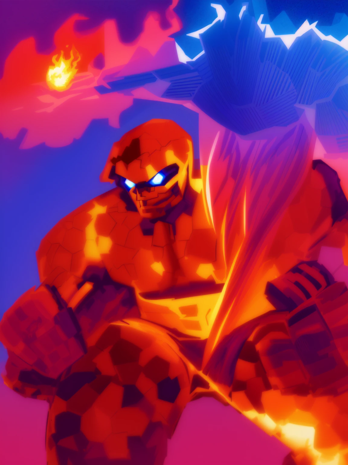 master piece, 8k detail, a close up of a drawing of a man with a fireball, colored screentone, inspired by John Romita Jr, human torch, from the thing, positing on rock super hero pose, john romita junior, full color illustration, john romita senior, by Jakob Gauermann, fan art, comic book illustration, digitally colored, colored illustration