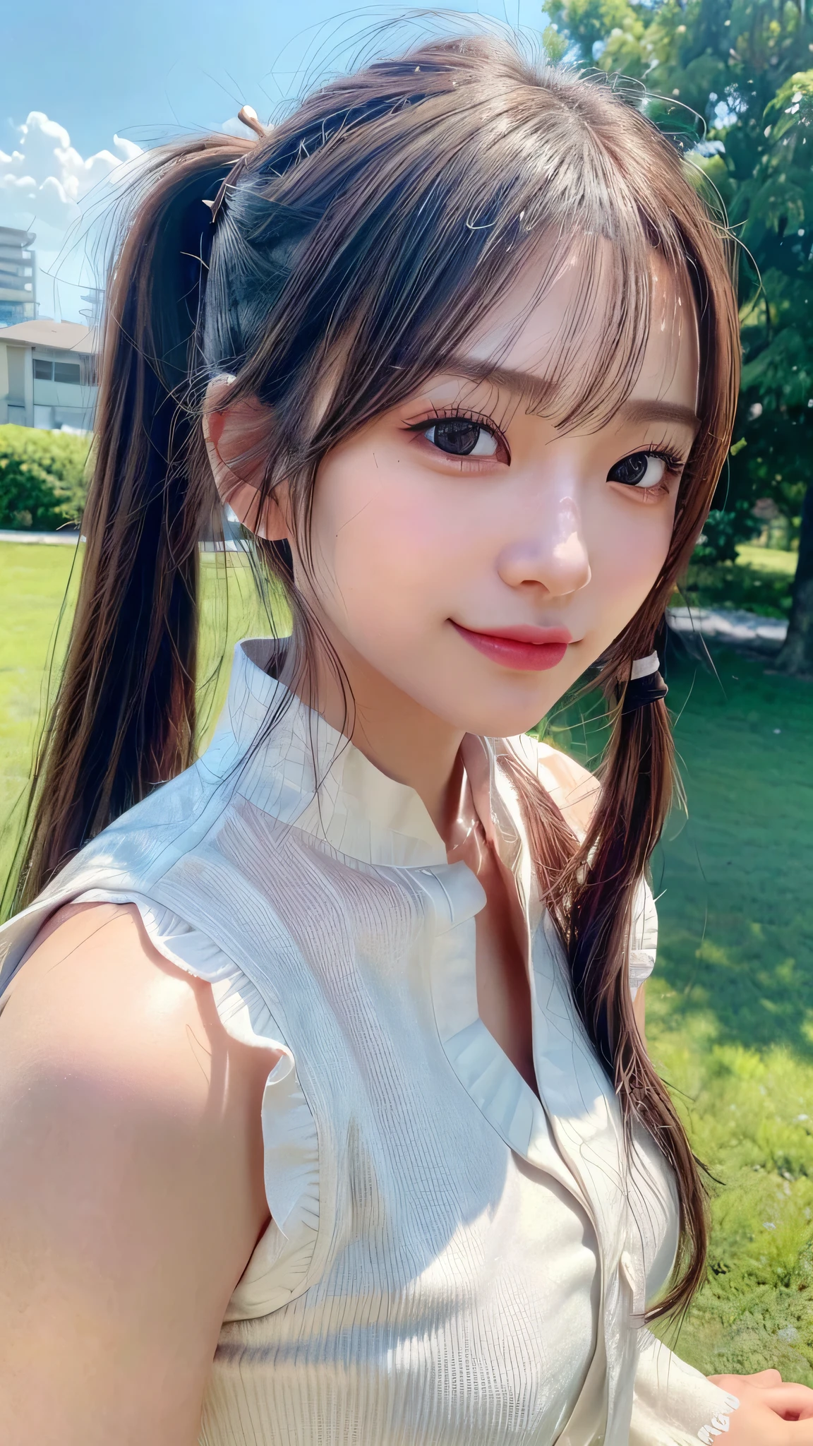 One piece with collar,outdoors,Urban Park,On the lawn,Ultra-detailed, finely detail, hight resolution, 8K Wallpaper, Perfect dynamic composition, Beautiful detailed eyes,Outdoor,Close-up of face,Outdoor,Blushing,Facing forward,,Long hair ponytail,((8k, Raw photo, Best Quality, Mastepiece:1.2), (Realism, Photorealistic:1.4), (Highly detailed 8K wallpapers), Depth of written boundary, Cinematic Lighting, Soft Light, Detailed Beauty Eye,Shiny and smooth light brown ponytail, Asymmetrical bangs, Shiny skin, Ultra-detailed skins ,It is high resolution., High detail, Detailed hairstyle, Detailed facial beauty, Hyper-realistic, Perfect limbs, Perfect Anatomy ,1 Japanese girl,Famous Japanese Idols, Perfect female body,A shy smile,Short eyelashes,Double-edged eyelids,Look straight here,Hair style: ponytail,