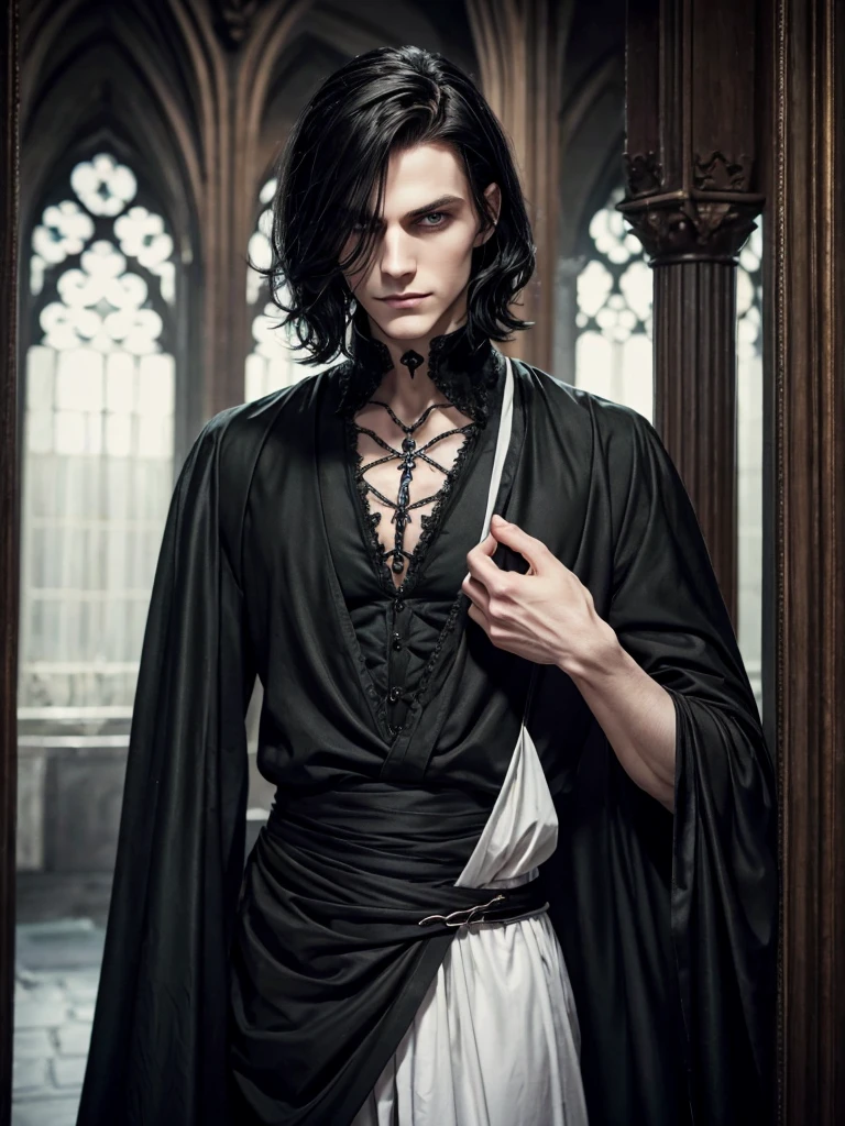 (best quality), 1boy, pale skin, black hair, medium hair, curtain hair, tousled hair, green eyes, perfect eyes, dark circles under eyes, tall, slender, handsome, strong jawline, lazy, light smile, attractive, (gothic clothes), masterpiece, anatomically correct, highres