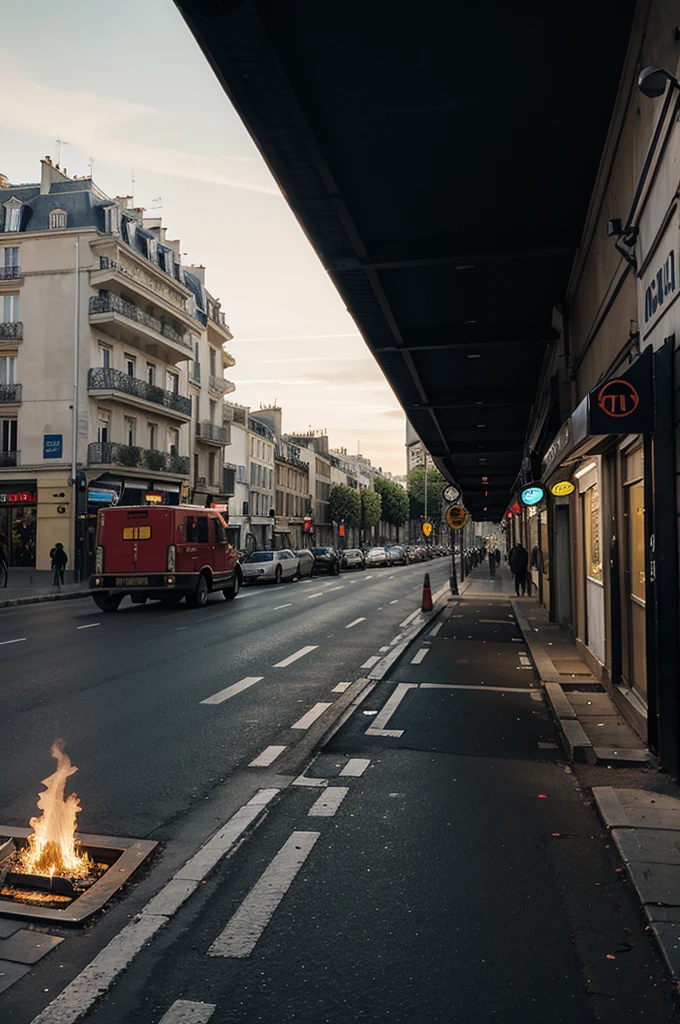 the eiffell lands of Paris in flames seen from a street with two Parisian buildings, soldiers in the street and tanks, professional photo with very high details 