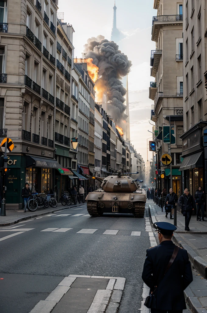 the eiffell lands of Paris in flames seen from a street with two Parisian buildings, soldiers in the street and tanks, professional photo with very high details