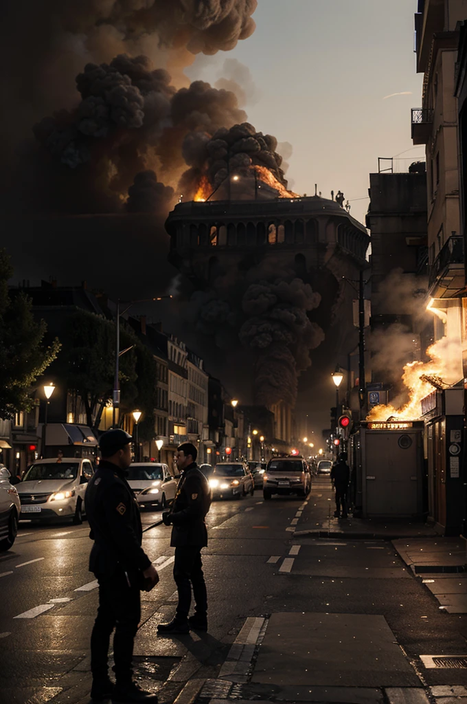 the eiffell lands of Paris in flames seen from a street with two Parisian buildings, soldiers in the street and tanks, professional photo with very high details 