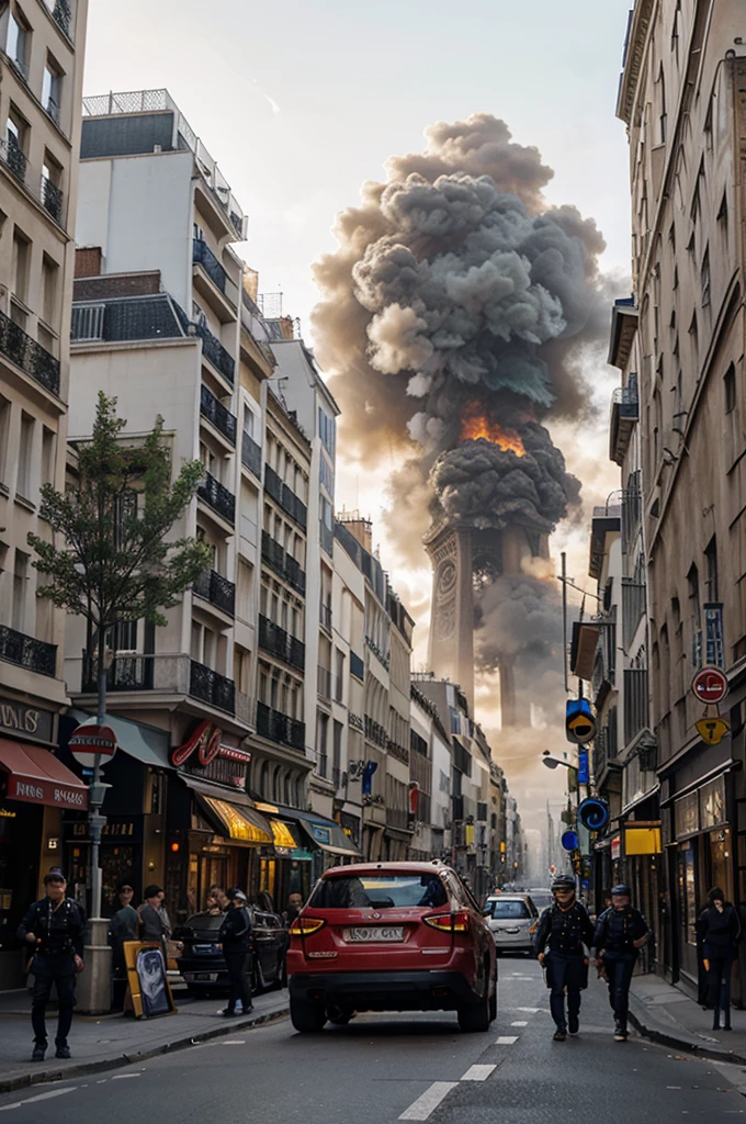 the eiffell lands of Paris in flames seen from a street with two Parisian buildings, soldiers in the street and tanks, professional photo with very high details 