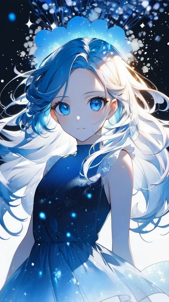 16k, (double exposure:1.05 silhouette: 1.1) (many detailed particles light) (background is exposure:1.1 ParticlesColorfulLight), wearing layered one piece dress, frontale forehead blue hair long hair lovely blue eyes girl.