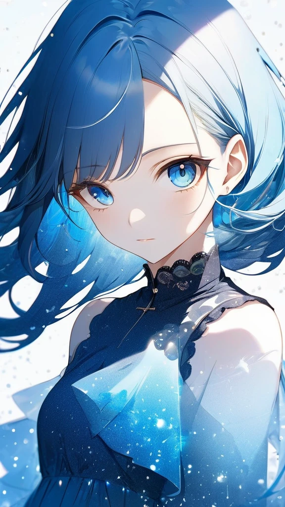 16k, (double exposure:1.05 silhouette: 1.1) (many detailed particles light) (background is exposure:1.1 ParticlesColorfulLight), wearing layered one piece dress, frontale forehead blue hair long hair lovely blue eyes girl.