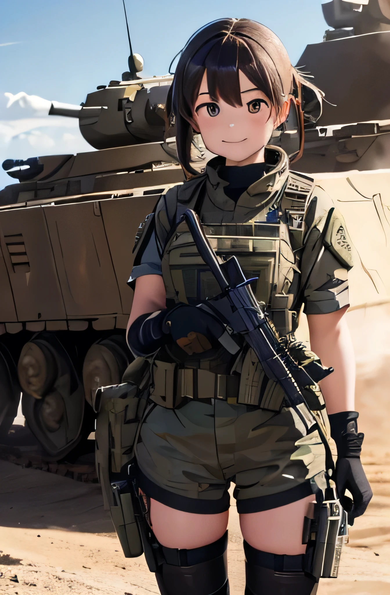 Girl in combat uniform,summer,stylish,smile,In front of the tank,Ready your gun?,8K, Highest quality, masterpiece