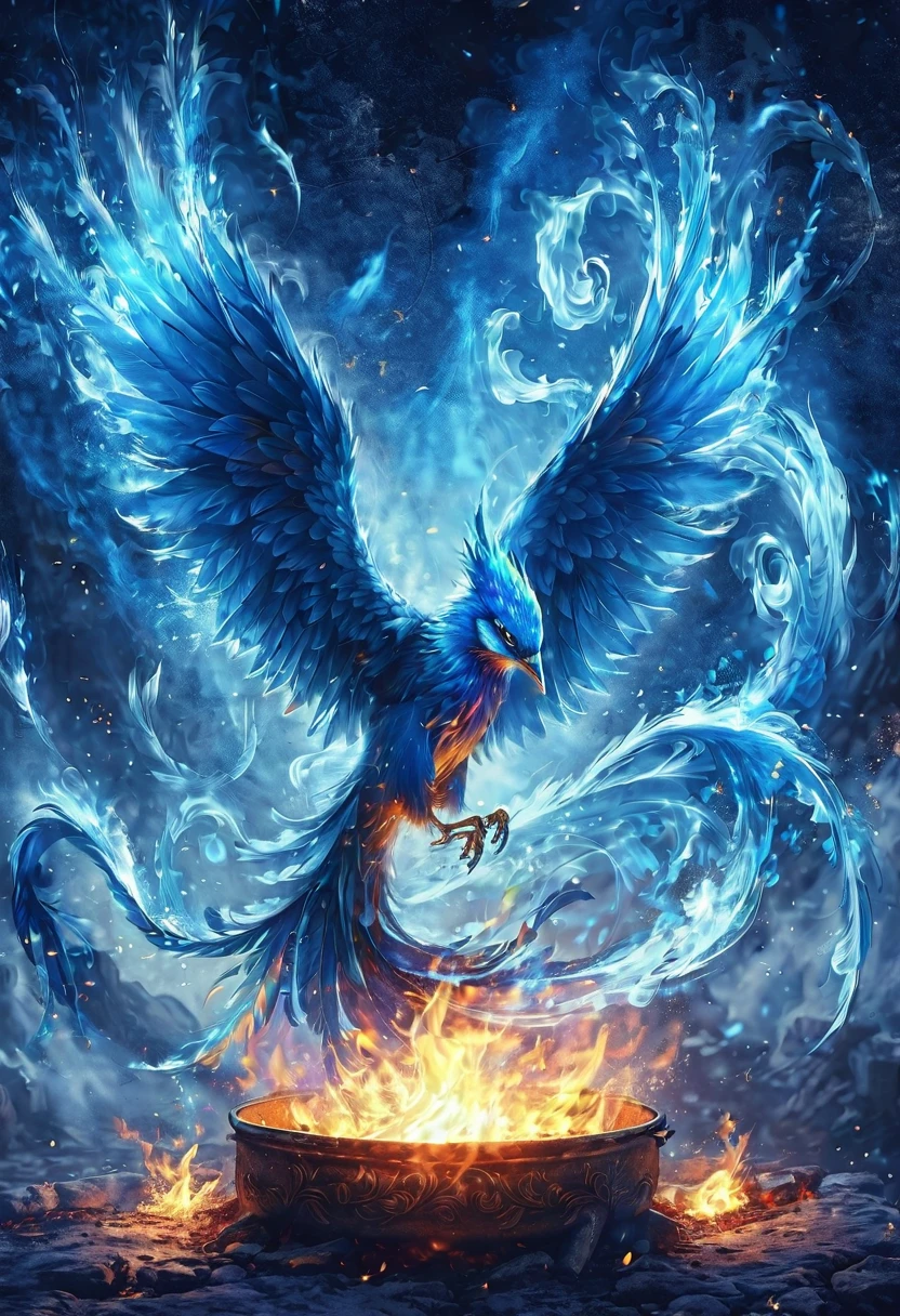 a blue bird with fire flying over a fire pit, blue phoenix bird, artwork of a phoenix, ''wallpaper of a phoenix, phoenix rising from the ashes, ''wallpaper of a phoenix resting, phoenix rising, phoenix in fire, phoenix dragon, fiery bird, phoenix warrior, magic blue fire, mythical creature, glowing feathers, the phoenix, blue fire powers