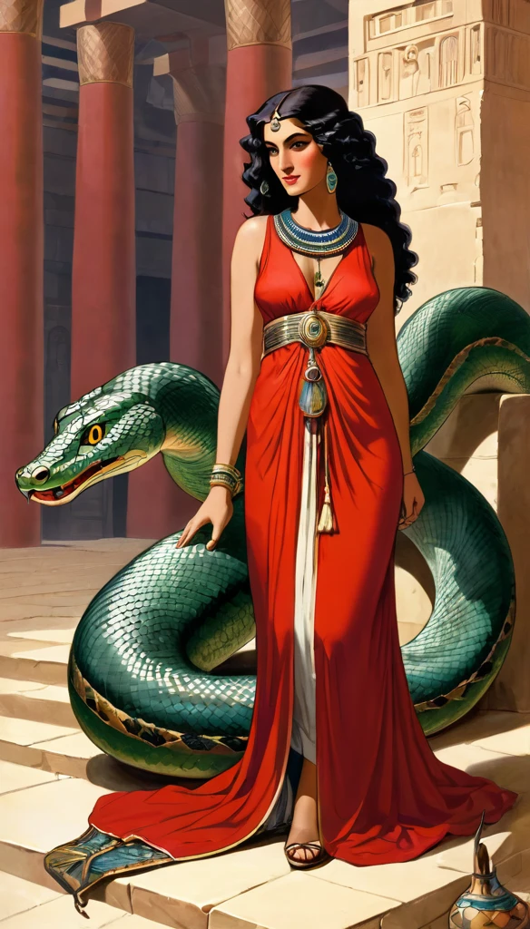 Femme de 30 ans,  égyptienne, corps généreux , a l'Égypte antique, avec une très forte poitrine, a la peau de serpent, dans un temple égyptien, porte une robe rouge et maron couleur sable, moule le corps, vêtements transparent, femme avec de long cheveux raide noirs orné de nombreux bijoux,  la femme est très enceinte de serpent, sa poitrine est gonflé de lait, la femme a des crochets de serpent visible lorsqu'elle sourit, la femme a des yeux doré a pupilles reptilienne, la femme et une femme serpent
