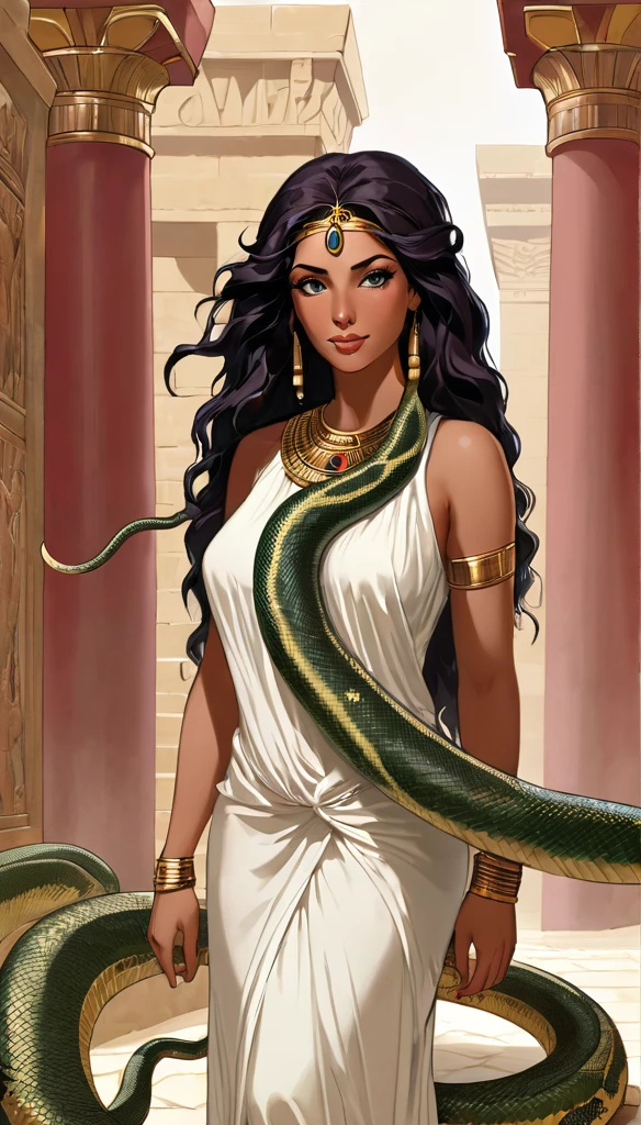 Femme de 30 ans,  égyptienne, corps généreux , a l'Égypte antique, avec une très forte poitrine, a la peau de serpent, dans un temple égyptien, porte une robe rouge et maron couleur sable, moule , vêtements transparent, femme avec de long cheveux raide noirs ore nombreux bijoux,  la femme est très enceinte de serpent, sa poitrine est gonflé de lait, la femme a des crochets de serpent visible lorsqu'elle sourit, la femme a des yeux doré a pupilles reptilienne, la femme et une femme serpent