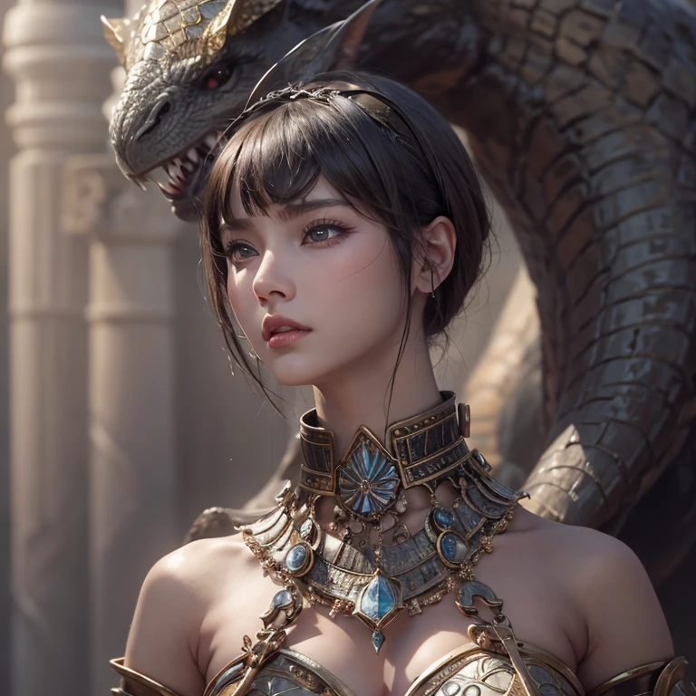 Woman in ancient battle attire、Serious expression、Short-haired、Deadly position, Gorgeous Necklace, Beautiful and seductive woman, Realistic and perfect body, Perfect body with realistic shadows, Woman with reptilian eyes and fangs:1.5、8K