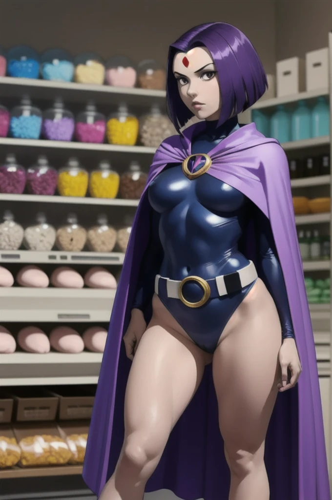 Titans Raven, masterpiece quality, detailed, realistic, (realistic:1.3), purple hair, short hair, gray skin, wearing black leotard, wearing cape, wearing gold belt, in a candy store, lots of candy in background, lots of sweets in background, small breasts, thin body,