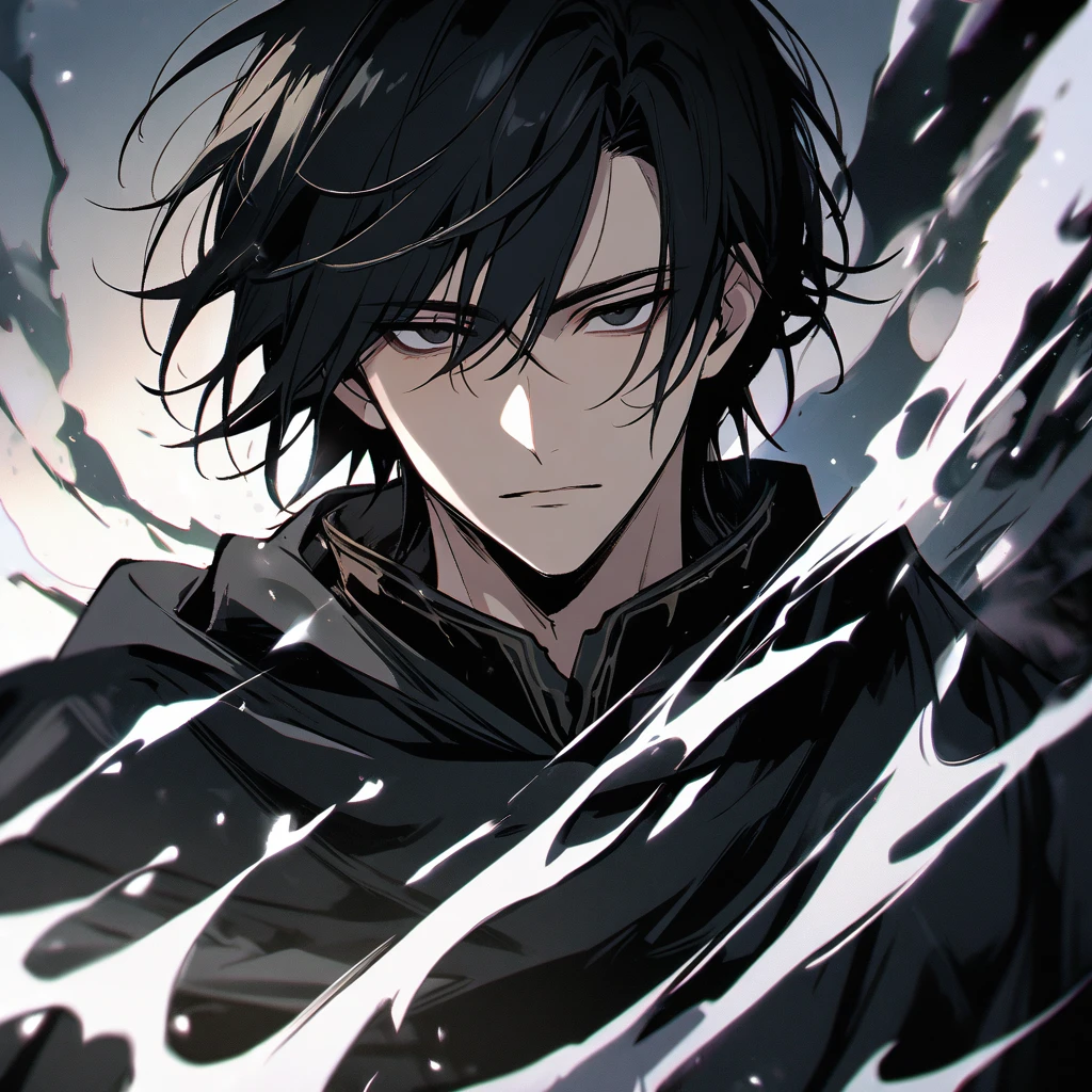 male, solo, handsome, black hair, black eyes, black cloak, white aura, main face