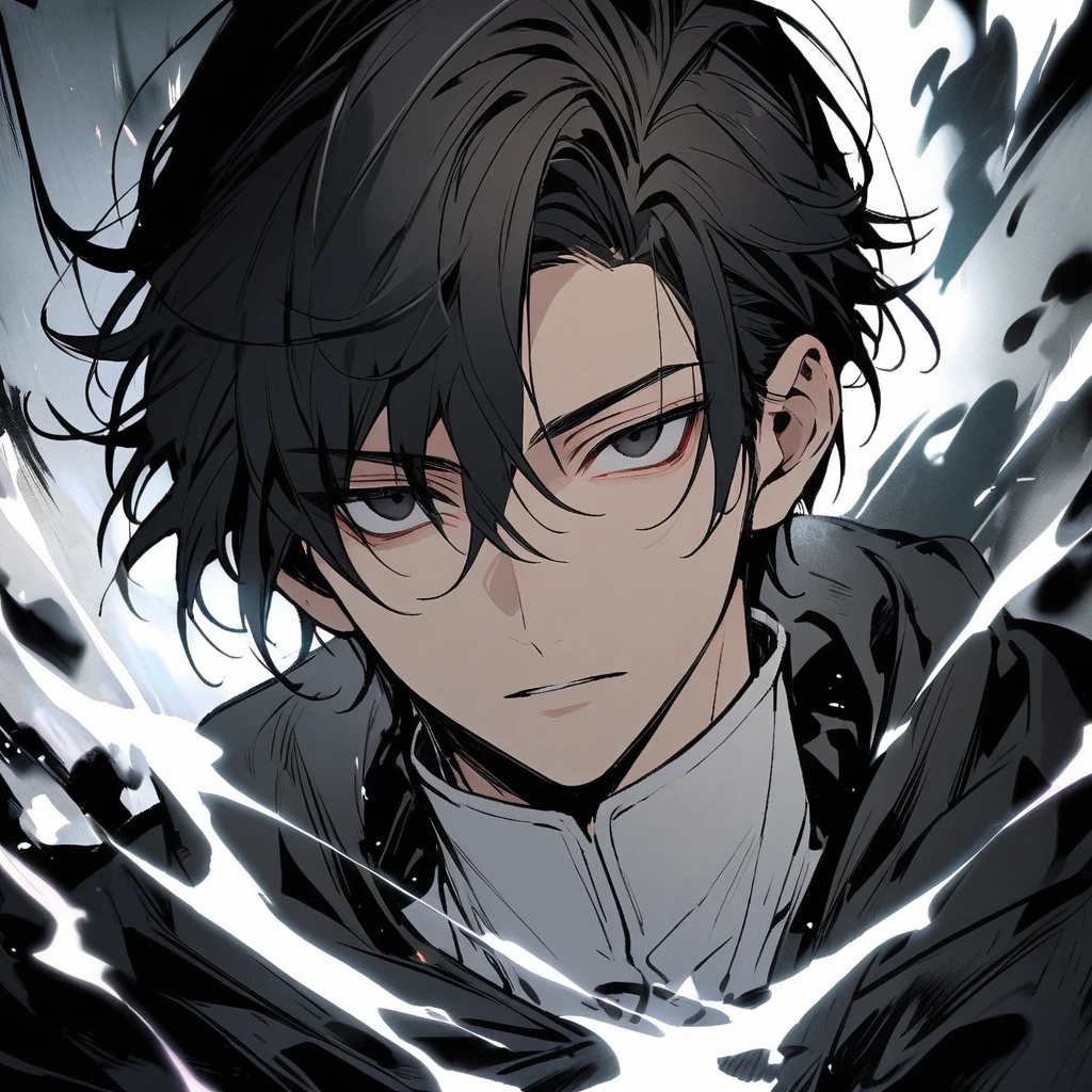 male, solo, handsome, black hair, black eyes, black cloak, white aura, main face