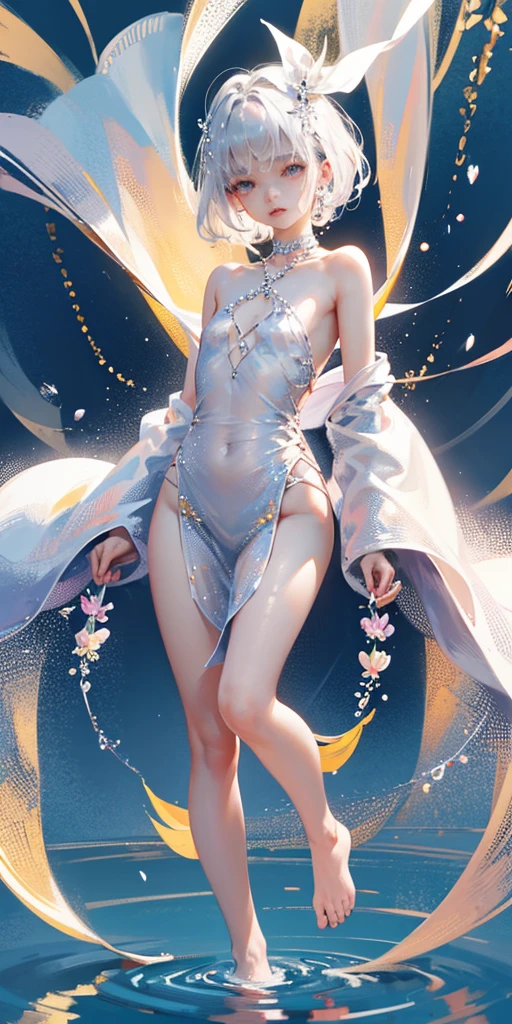 A girl、symmetry,Daughter,whole body female love,Put your hands together and bloom,(Very detailed:1.1),((small :1.2))、The eyes are well drawn、Charming eyes、Double tail、Wear jewelry and pearls around your neck,Transparent openwork、Deep V、Crystal Pearls、在Wear jewelry and pearls around your neck,white hair, show your thighs, Bare shoulders, Show clavicle, Yao Liu, barefoot,((whole body))、painful posture