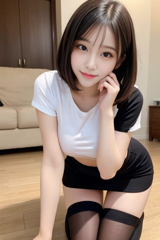 short hair、A very beautiful 14-year-old cute girl、Sexy and very beautiful、Very cute face、Very beautiful、Loose low-cut T-shirt、Knee socks、Lean forward、Sexy pose、Beautiful nipples、Proud look